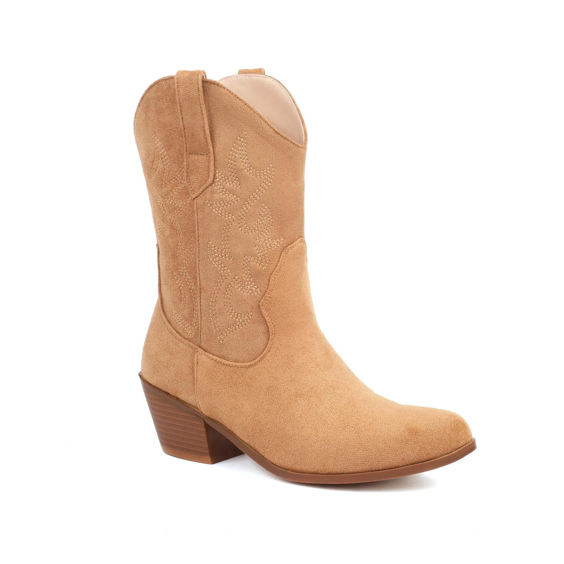 Women's black embroidered pointed toe mid-calf thick heel boots artificial PU leather
