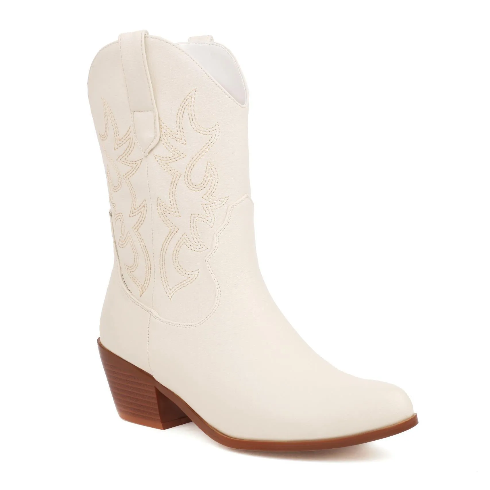Women's black embroidered pointed toe mid-calf thick heel boots artificial PU leather