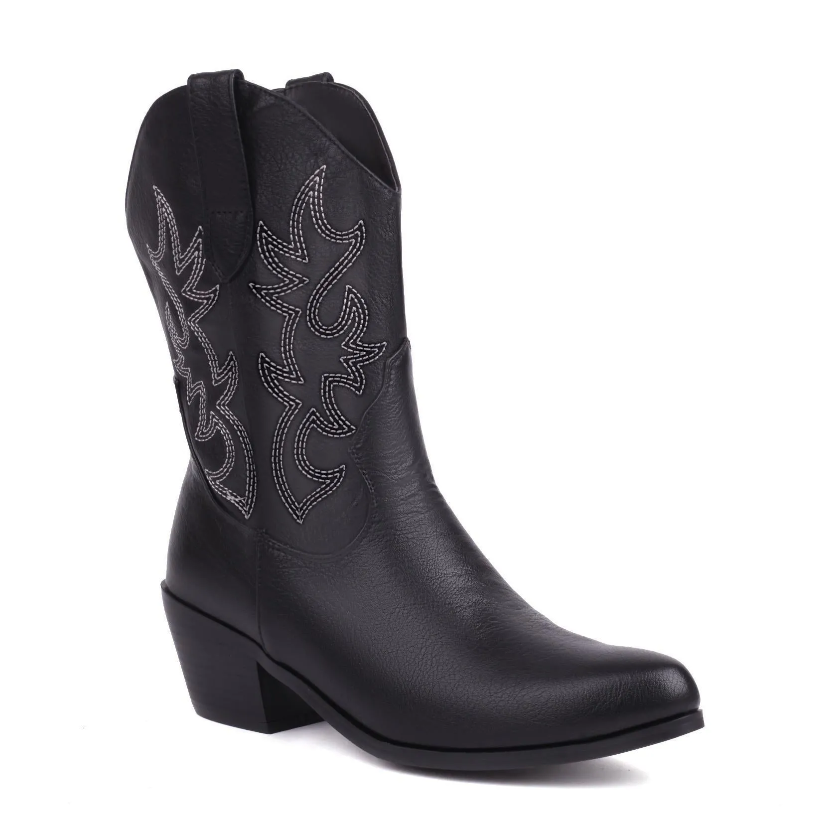 Women's black embroidered pointed toe mid-calf thick heel boots artificial PU leather