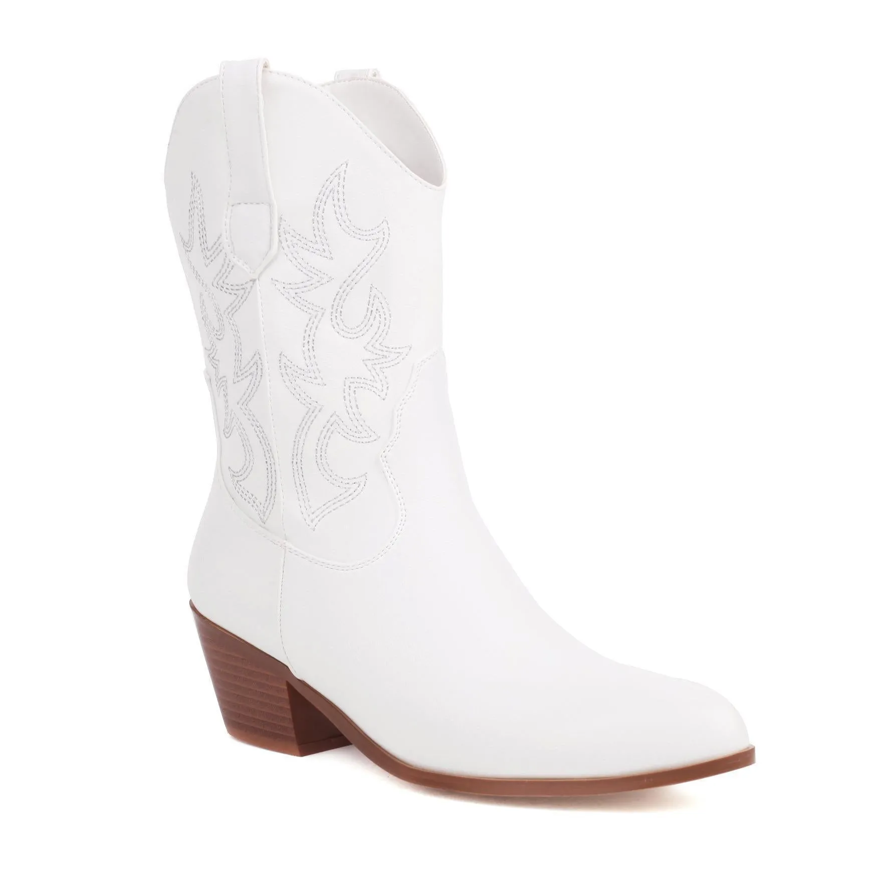Women's black embroidered pointed toe mid-calf thick heel boots artificial PU leather
