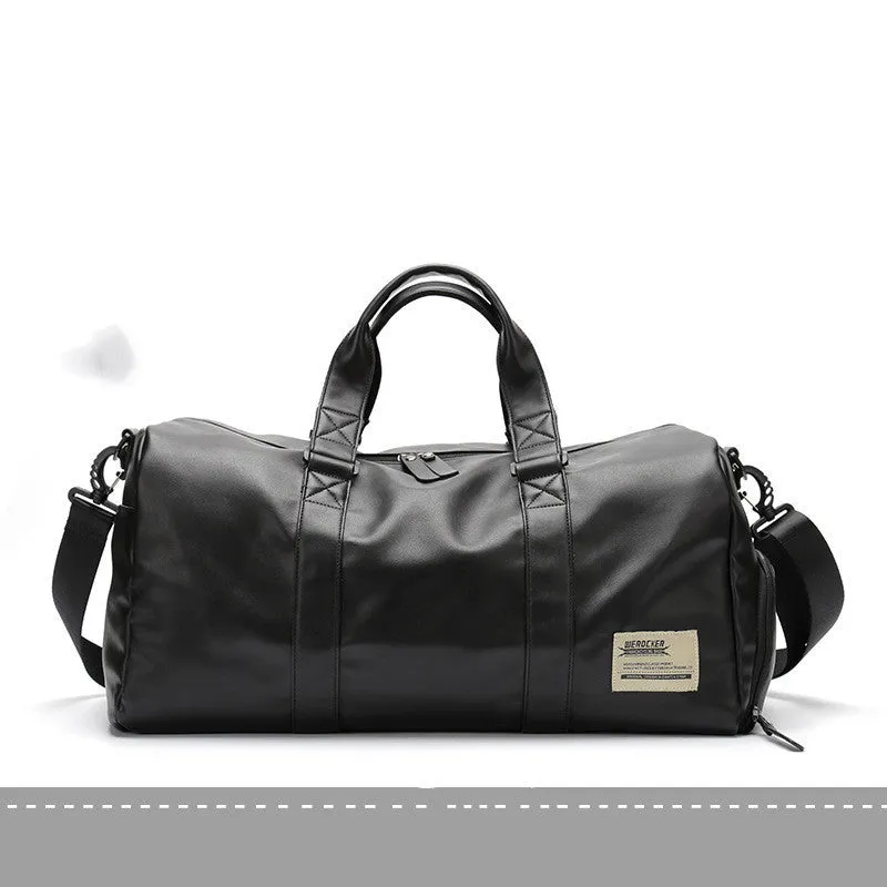 Large black waterproof PU leather sports training bag with multiple pockets and a breathable back panel.