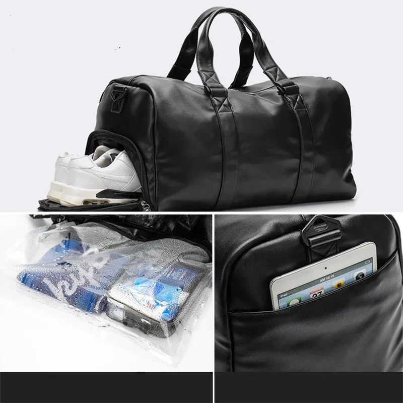 Large black waterproof PU leather sports training bag with multiple pockets and a breathable back panel.