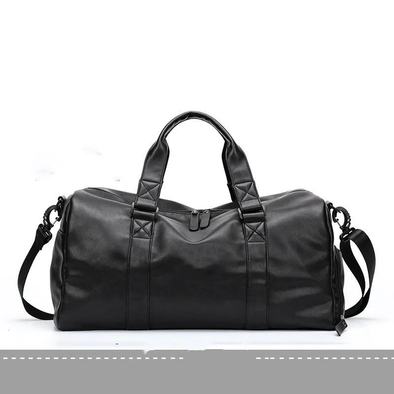 Large black waterproof PU leather sports training bag with multiple pockets and a breathable back panel.