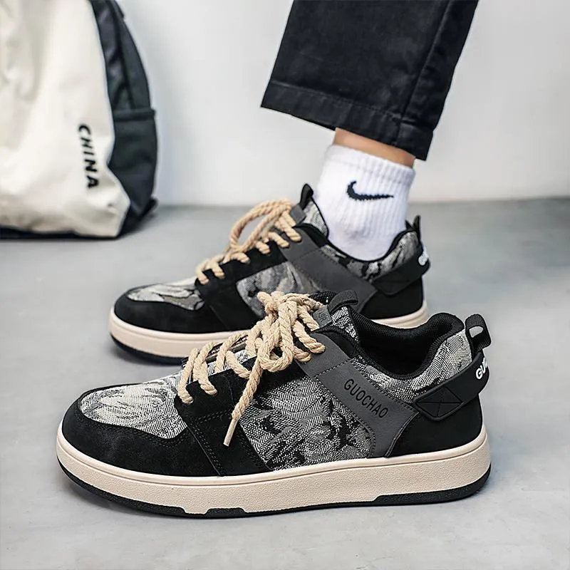 Men's niche design oil painting sneakers in beige green with PU upper, low-top silhouette