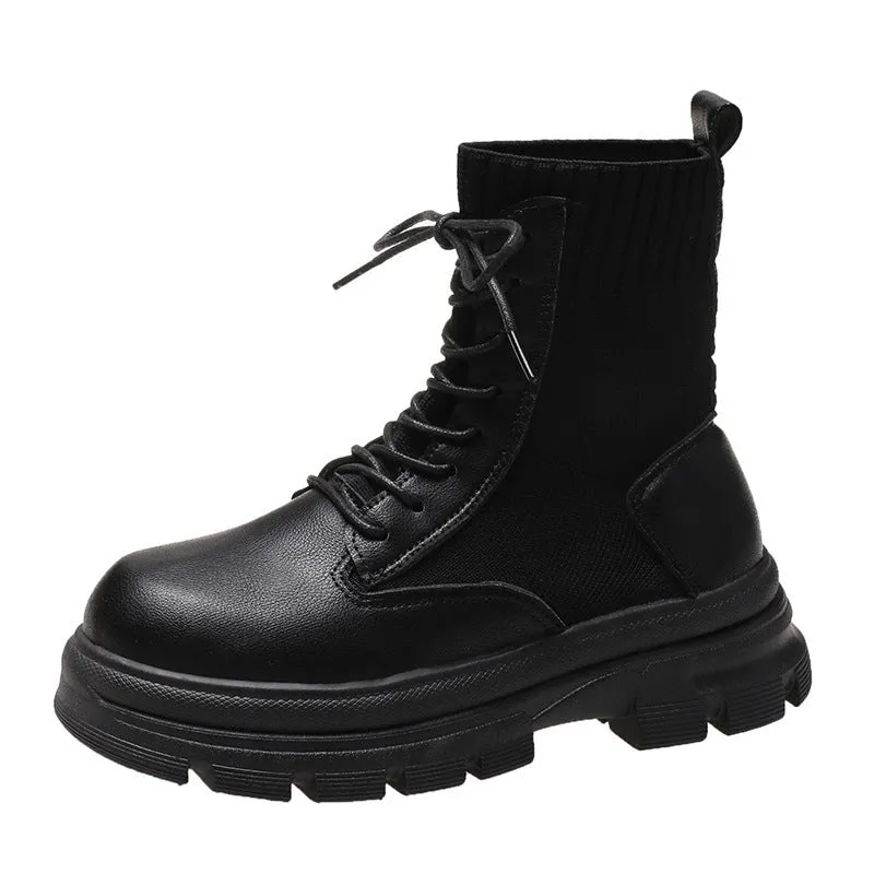 Women's round head lace-up knitted mouth Martin boots with tassel detail in black, side view