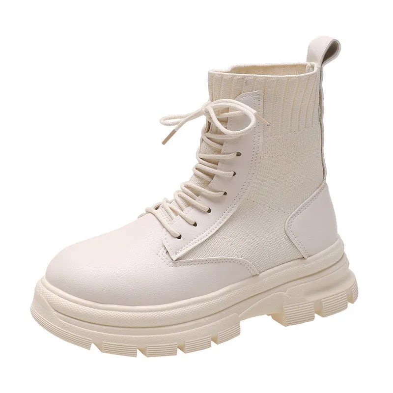 Women's round head lace-up knitted mouth Martin boots with tassel detail in black, side view