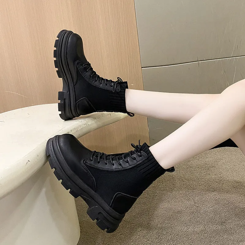 Women's round head lace-up knitted mouth Martin boots with tassel detail in black, side view