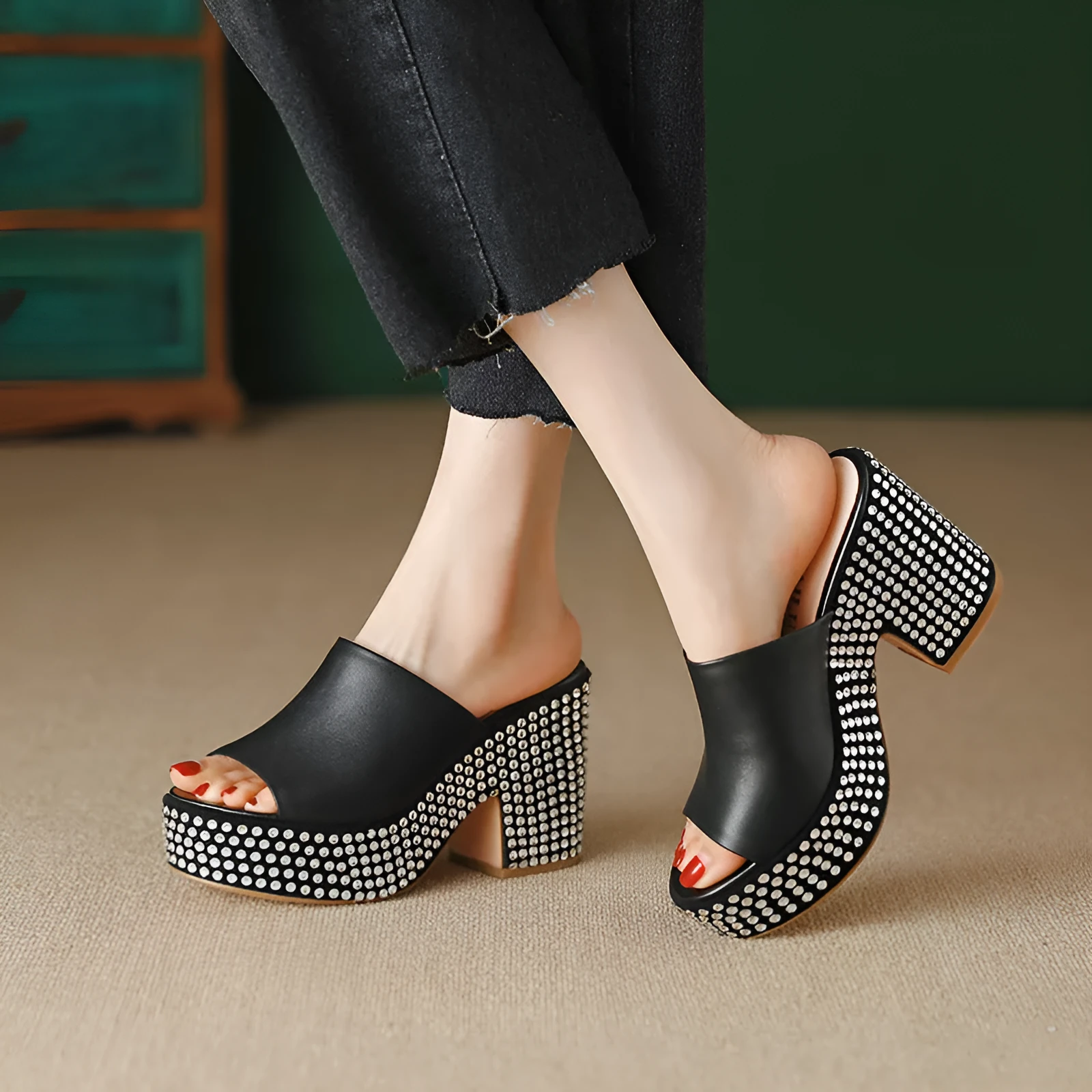 Black women's platform sandals with chunky heel, round toe, and Czech diamond leather upper