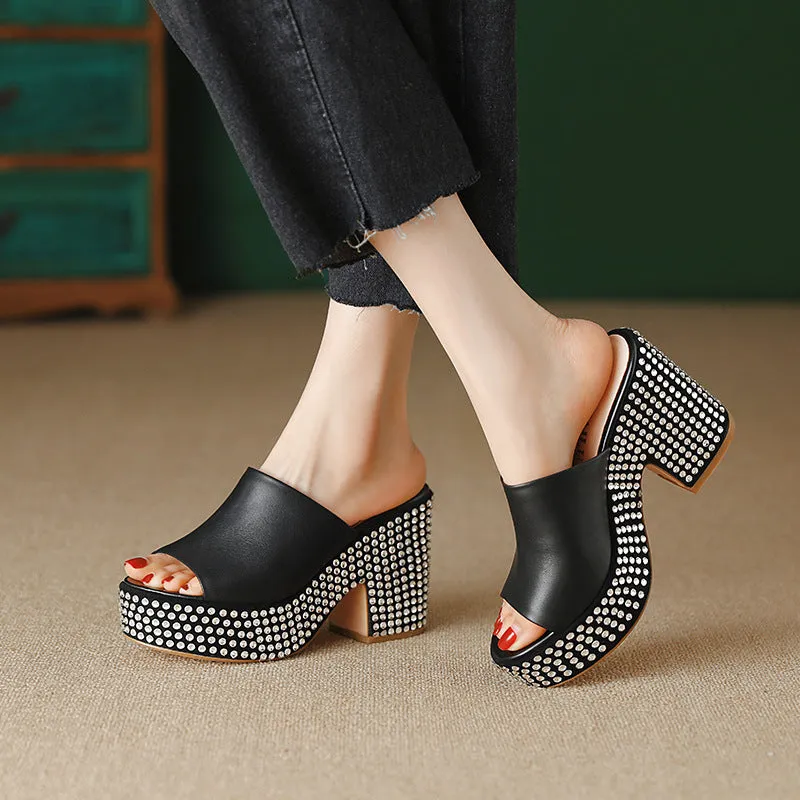 Black women's platform sandals with chunky heel, round toe, and Czech diamond leather upper