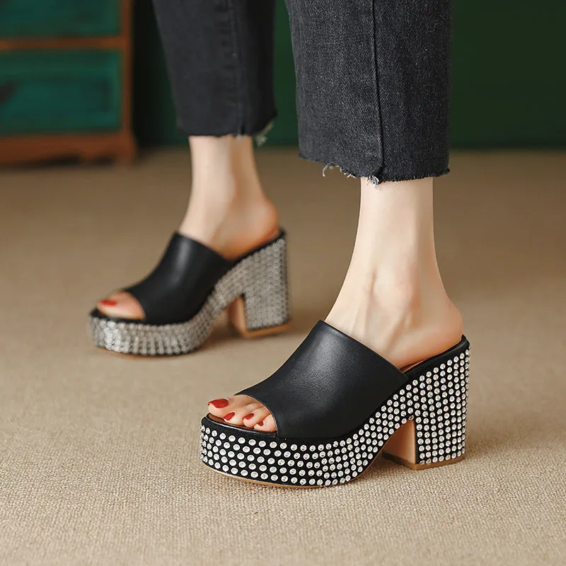 Black women's platform sandals with chunky heel, round toe, and Czech diamond leather upper