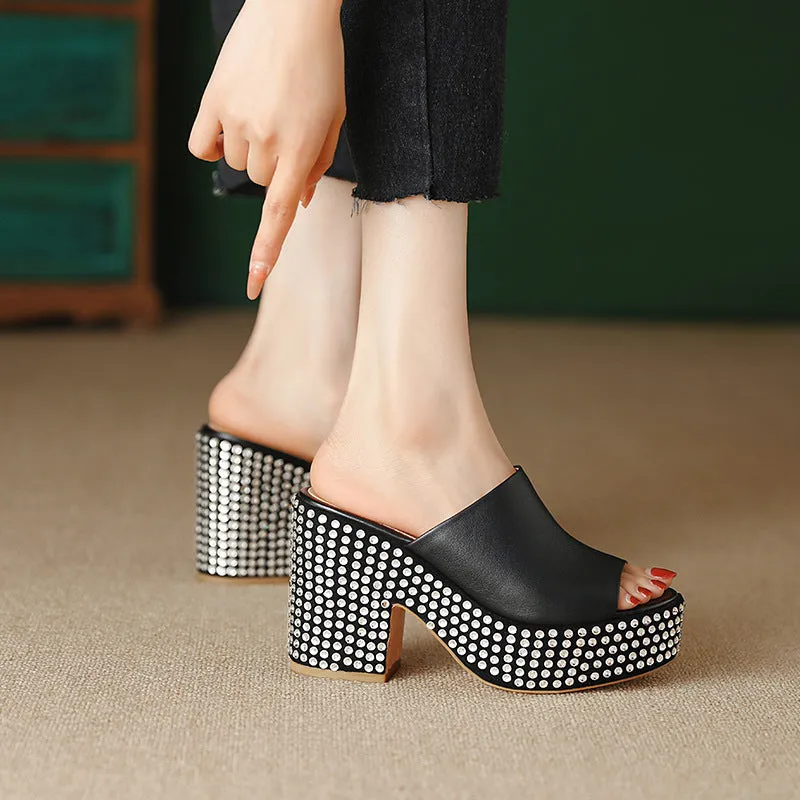 Black women's platform sandals with chunky heel, round toe, and Czech diamond leather upper