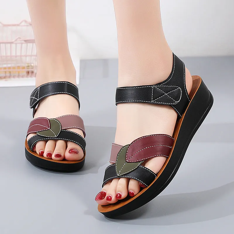 Women's thick-soled summer sandals in beige with hook-and-loop closure and side hollow design