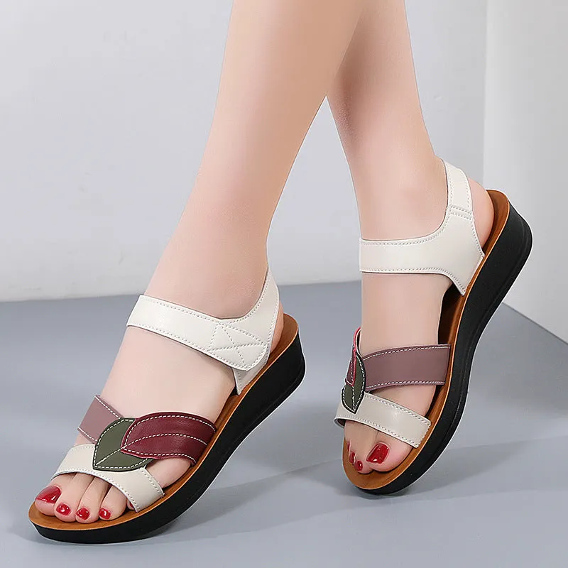 Women's thick-soled summer sandals in beige with hook-and-loop closure and side hollow design