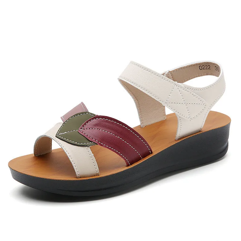 Women's thick-soled summer sandals in beige with hook-and-loop closure and side hollow design