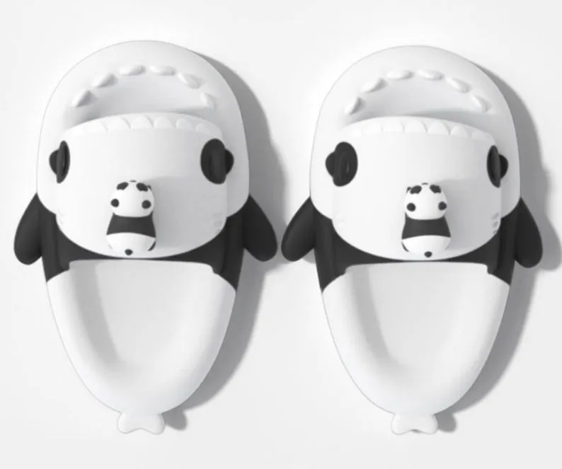 Thick soled non-slip EVA home slippers with cat and shark design, two colour options available
