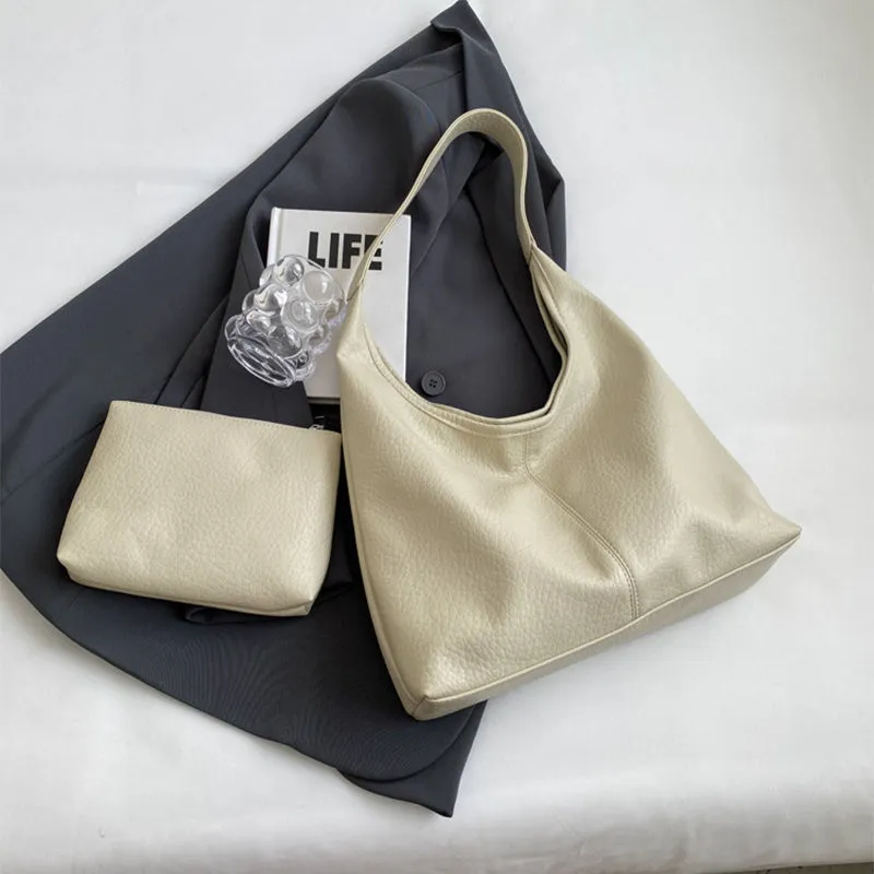 Two women's underarm shoulder bags in beige and brown, with small wallet, soft PU leather, horizontal square shape