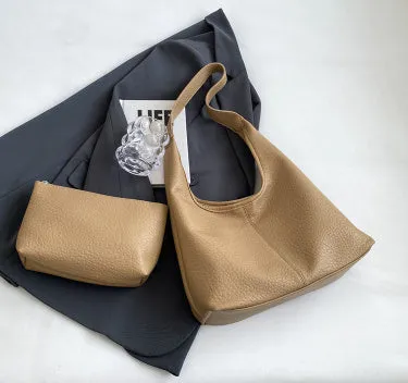Two women's underarm shoulder bags in beige and brown, with small wallet, soft PU leather, horizontal square shape