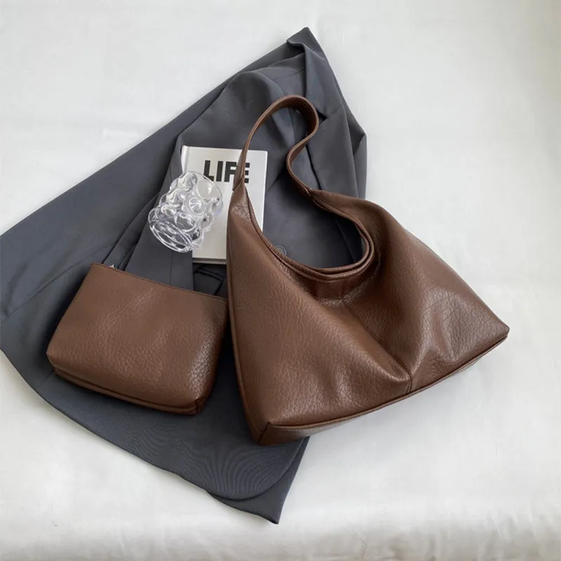 Two women's underarm shoulder bags in beige and brown, with small wallet, soft PU leather, horizontal square shape