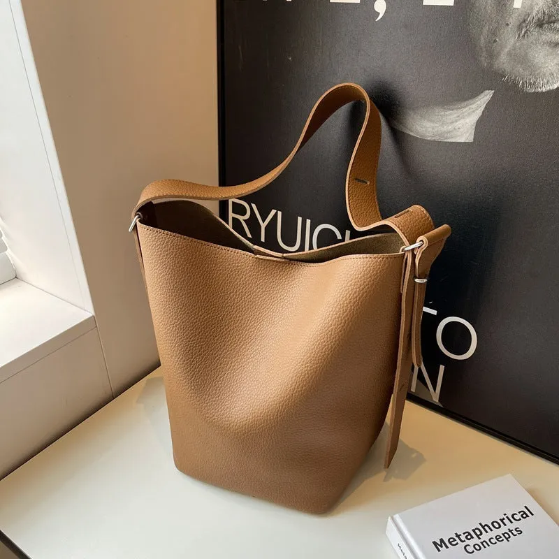 Retro niche bucket bag women PU square vertical 33x29x20cm double strap black colour
