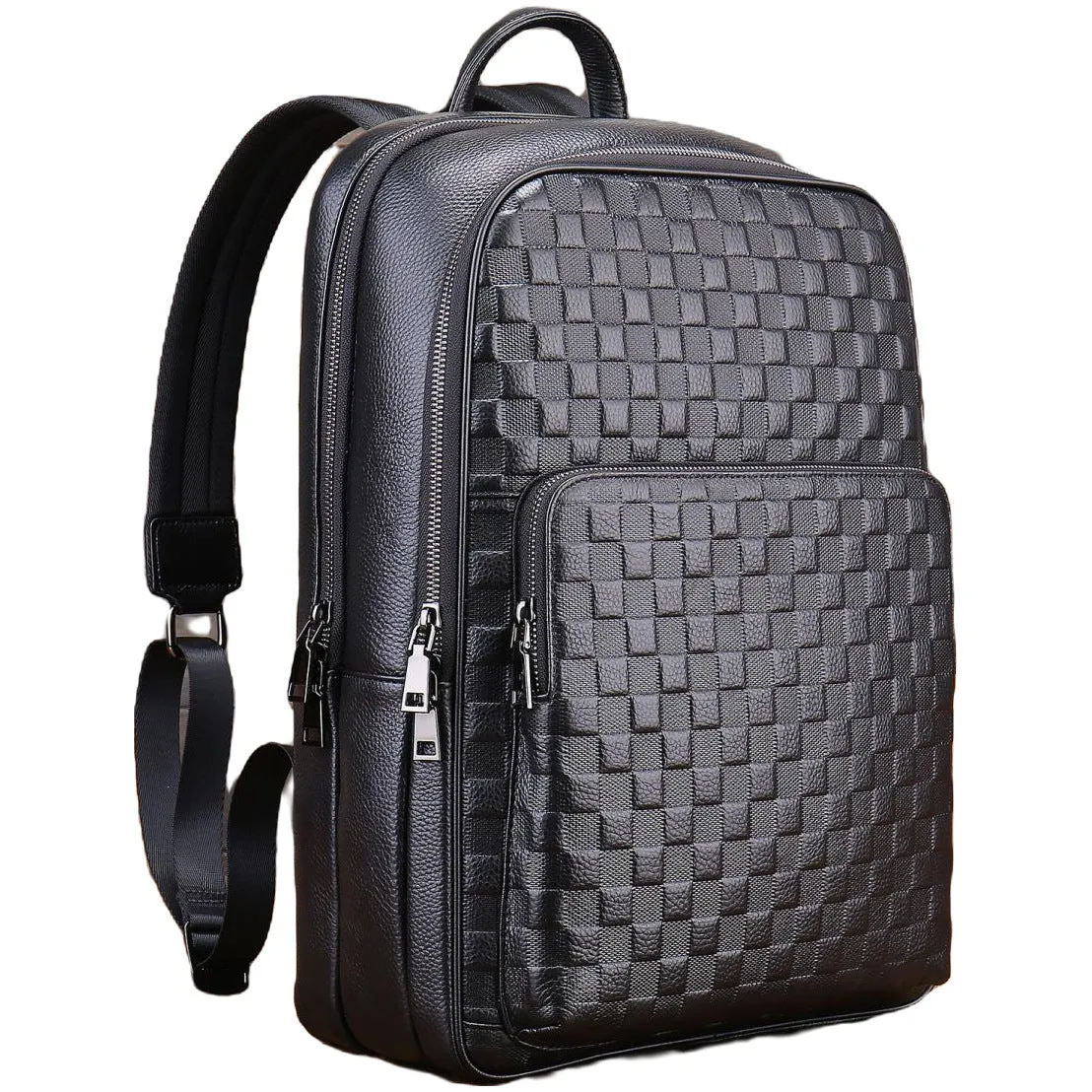 Genuine leather men's business commute bag black with contrast colour trim and airpillow straps