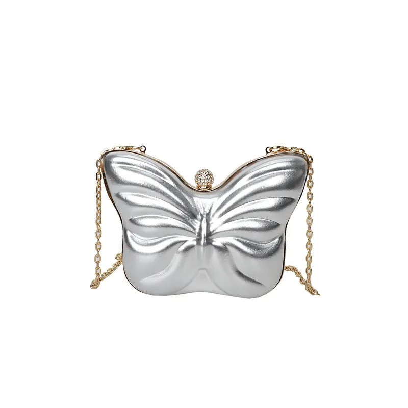 Women's cute butterfly chain crossbody bag in PU leather with sandwich pocket, available in black, purple, silver