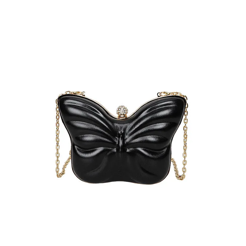 Women's cute butterfly chain crossbody bag in PU leather with sandwich pocket, available in black, purple, silver