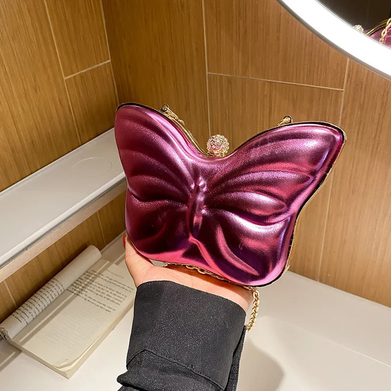 Women's cute butterfly chain crossbody bag in PU leather with sandwich pocket, available in black, purple, silver