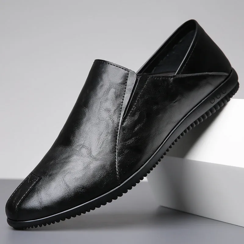 Men's round toe artificial PU leather shoes in white with anti-slip sole, side view