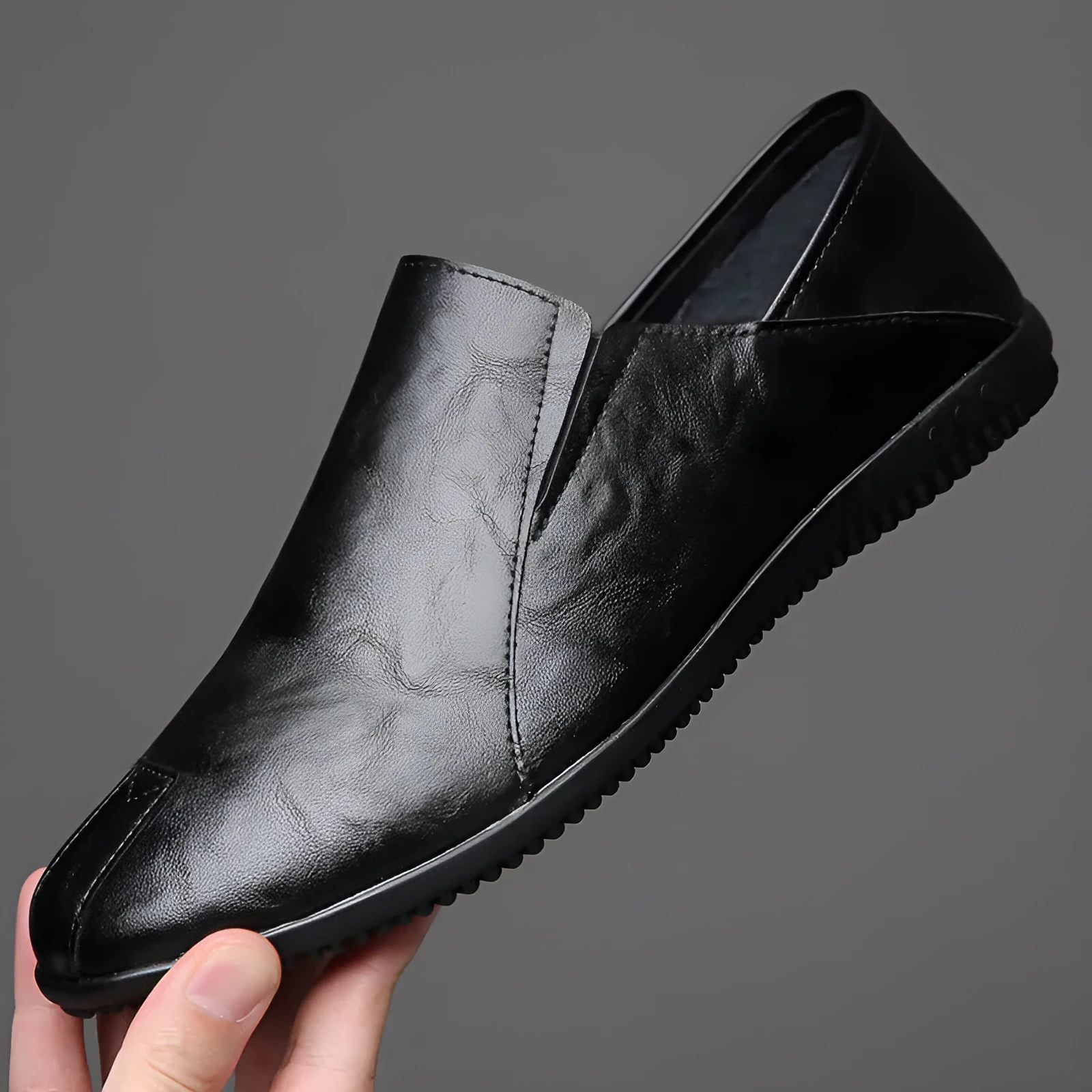 Men's round toe artificial PU leather shoes in white with anti-slip sole, side view