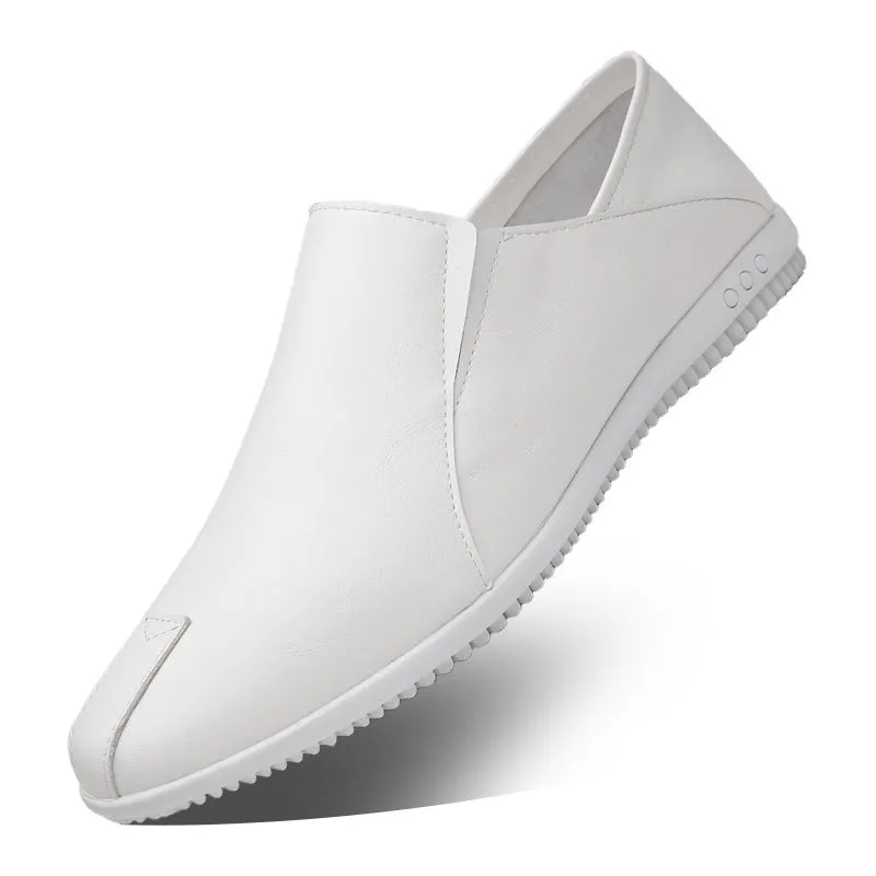 Men's round toe artificial PU leather shoes in white with anti-slip sole, side view