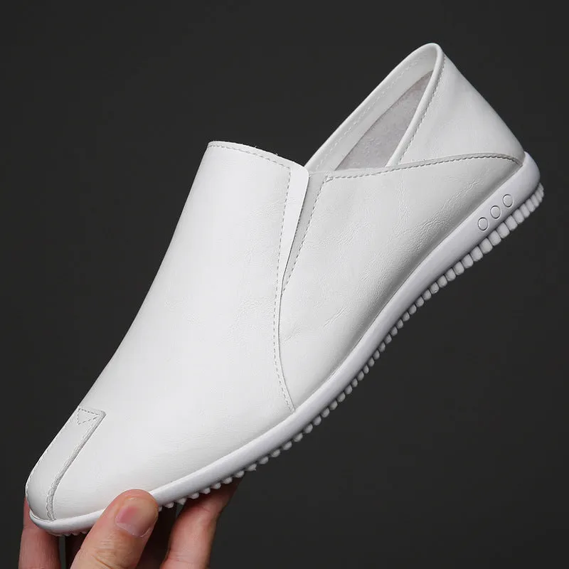 Men's round toe artificial PU leather shoes in white with anti-slip sole, side view