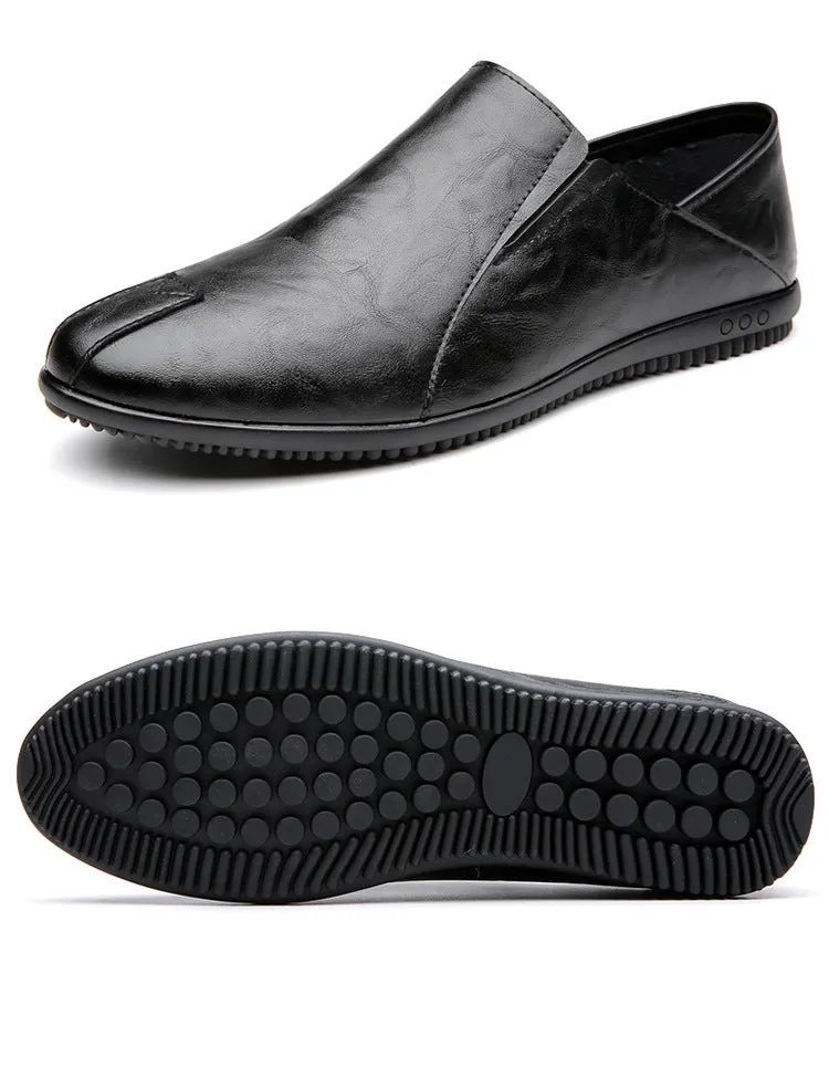 Men's round toe artificial PU leather shoes in white with anti-slip sole, side view