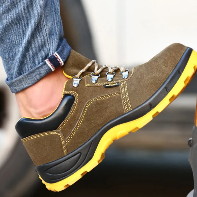 Bronze coloured men's low-cut safety boots with cow suede upper and steel toe cap on anti-slip sole