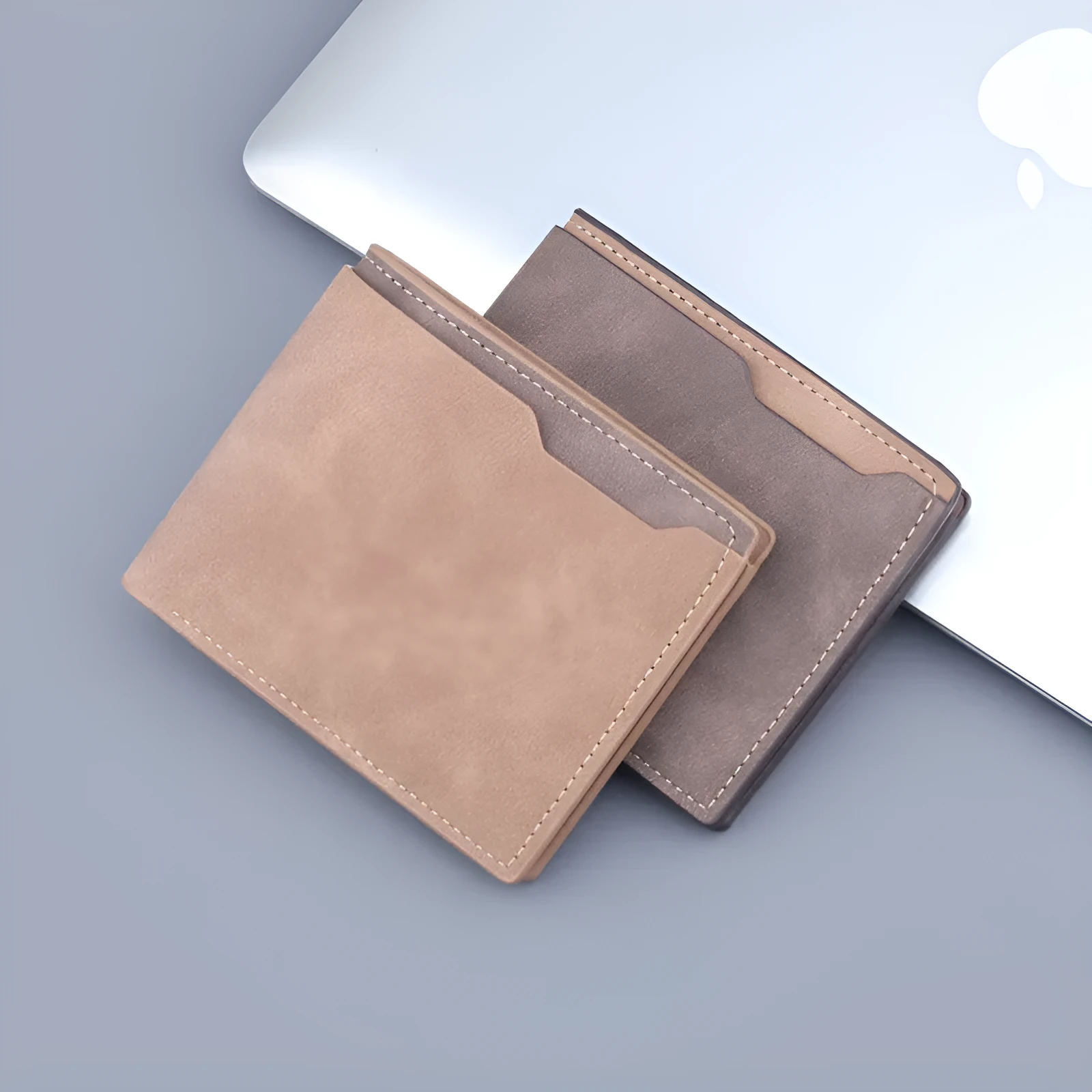 Men's ultra-light pu short wallet two fold half fold frosted finish contrast colour dark brown light brown