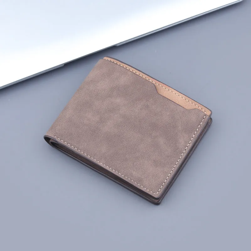 Men's ultra-light pu short wallet two fold half fold frosted finish contrast colour dark brown light brown