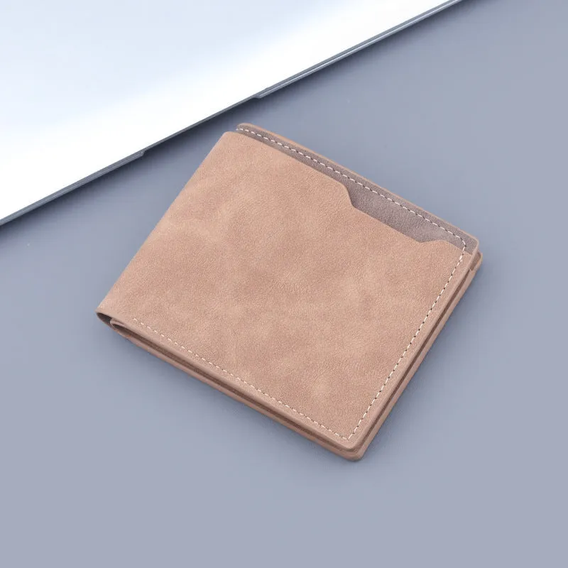 Men's ultra-light pu short wallet two fold half fold frosted finish contrast colour dark brown light brown