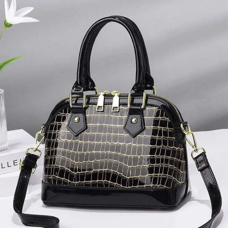 Women's PU crossbody bag shell shape patent leather finish metal detail solid colour daily handbag