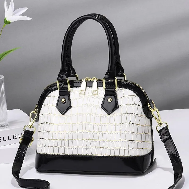 Women's PU crossbody bag shell shape patent leather finish metal detail solid colour daily handbag