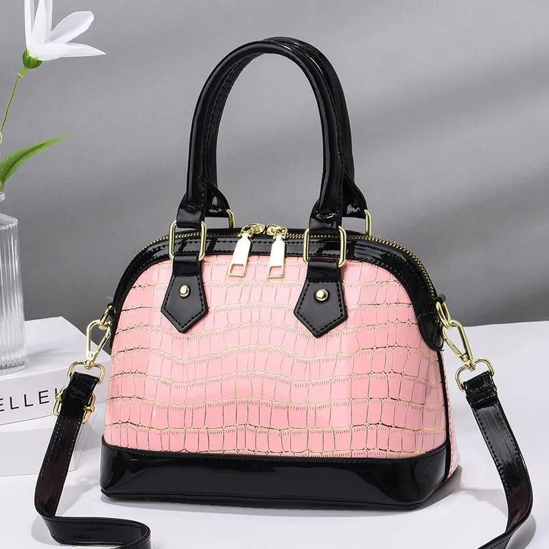 Women's PU crossbody bag shell shape patent leather finish metal detail solid colour daily handbag