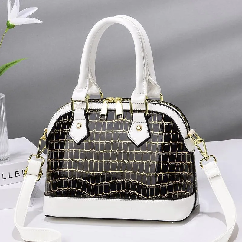 Women's PU crossbody bag shell shape patent leather finish metal detail solid colour daily handbag