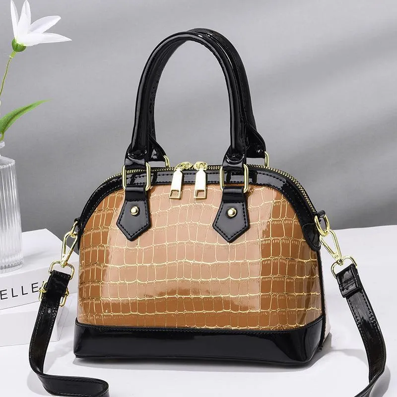 Women's PU crossbody bag shell shape patent leather finish metal detail solid colour daily handbag
