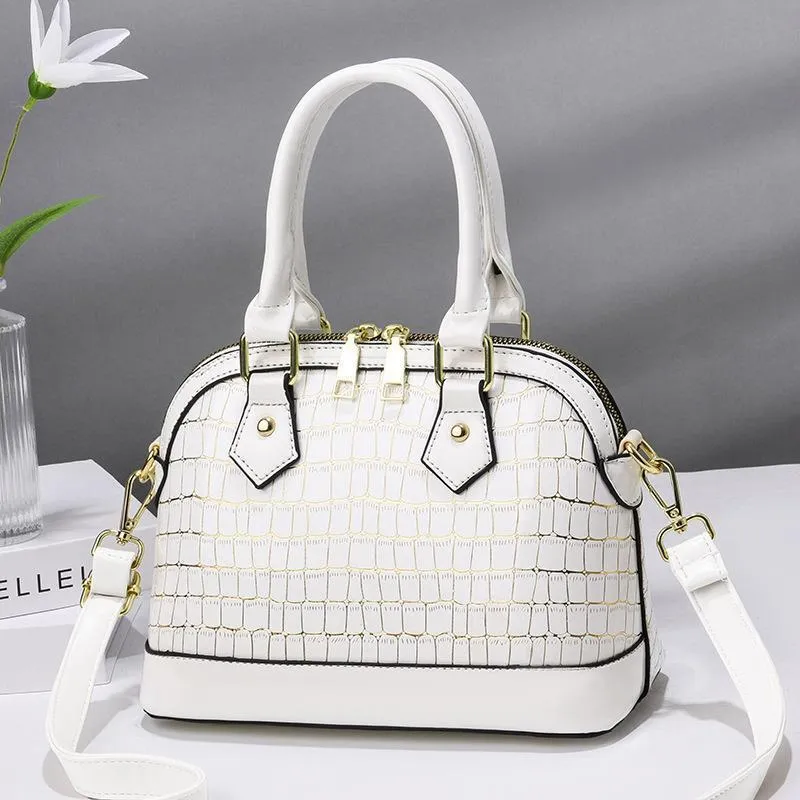 Women's PU crossbody bag shell shape patent leather finish metal detail solid colour daily handbag