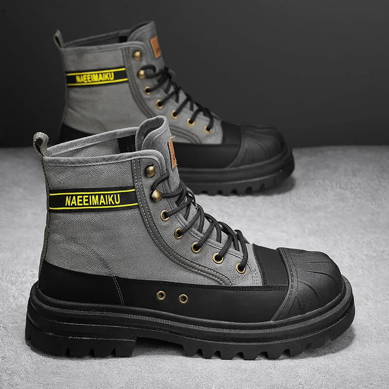 Thick-soled canvas men's motorcycle boots in black, side view showing round toe and front lace-up