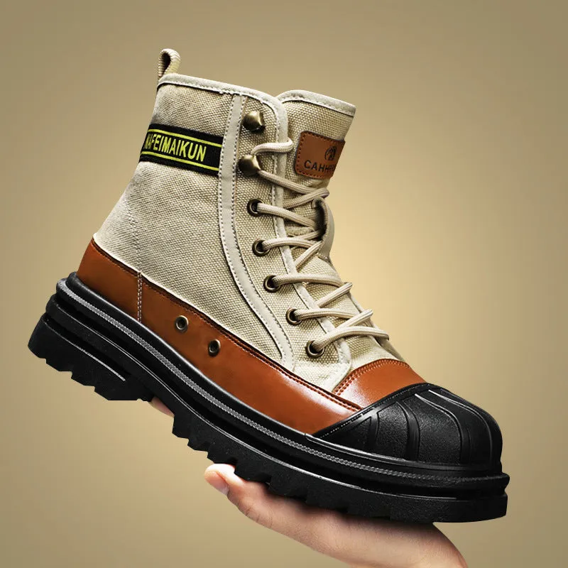 Thick-soled canvas men's motorcycle boots in black, side view showing round toe and front lace-up
