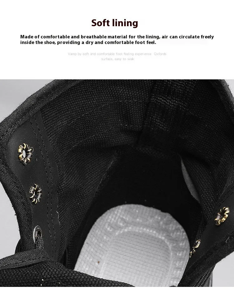 Thick-soled canvas men's motorcycle boots in black, side view showing round toe and front lace-up