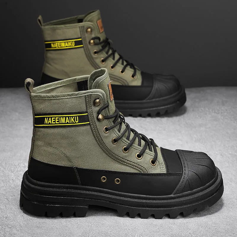 Thick-soled canvas men's motorcycle boots in black, side view showing round toe and front lace-up