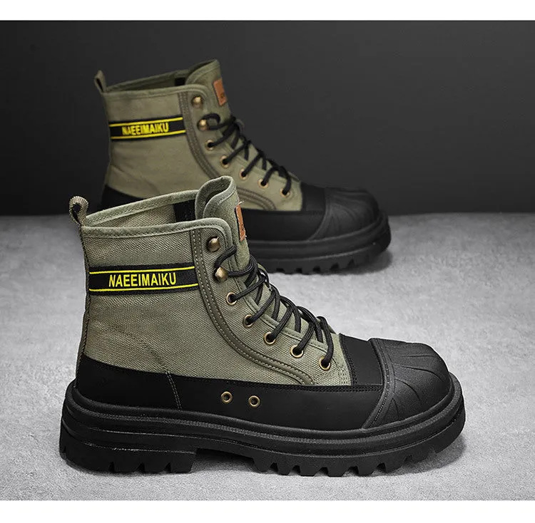 Thick-soled canvas men's motorcycle boots in black, side view showing round toe and front lace-up