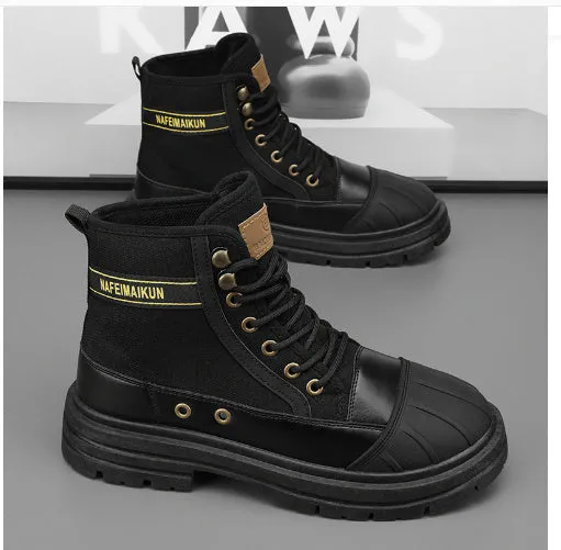 Thick-soled canvas men's motorcycle boots in black, side view showing round toe and front lace-up