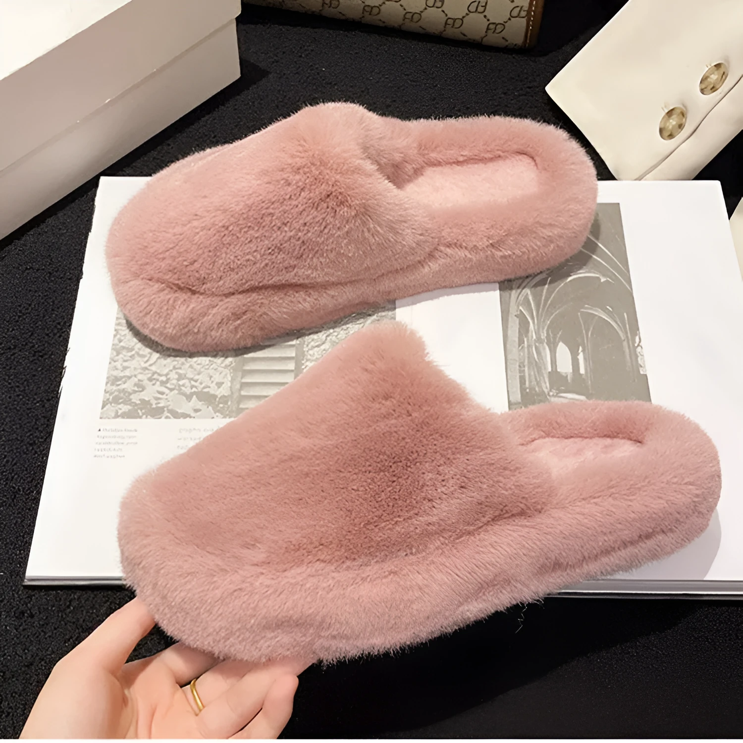 Women's open toe winter slippers with plush upper and 3cm rubber sole in beige