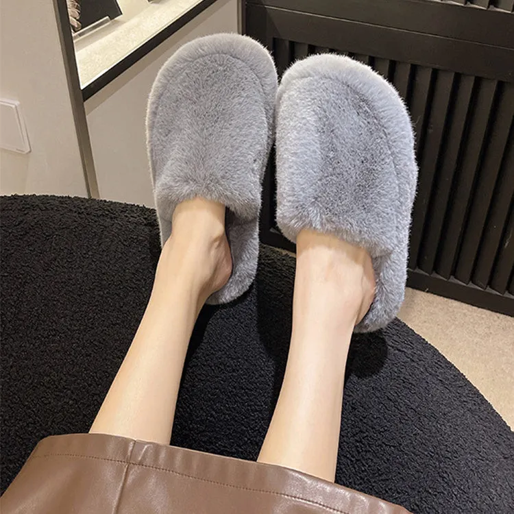 Women's open toe winter slippers with plush upper and 3cm rubber sole in beige